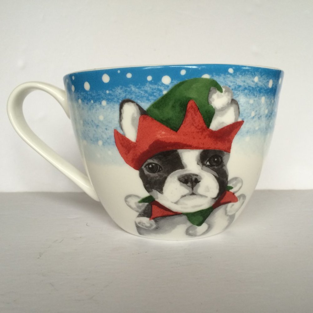 Portobello by Design Christmas Holiday Coffee Mug White French Bulldog Elf Hat
